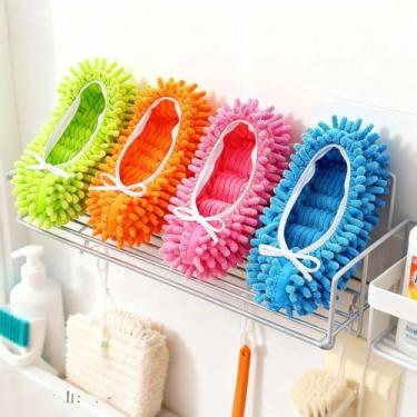 Imagem de Chinelos de esfregão para limpeza de mãos livres, sapatos de limpeza de chão de chenille com meias laváveis para remoção de poeira e pelos, 4 cores