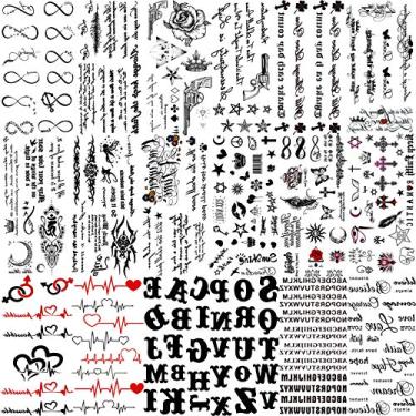 Imagem de TASROI 18 Folhas de Citações Inspiradas Em Preto, Tatuagens Temporárias para Mulheres, Crianças, Letras de Longa Duração, Palavras Do Alfabeto, Adesivos de Tatuagem Falsa, Pássaros, Cruz, Ecg, Infinito, Lua, Estrela, Pescoço, Braço, Tatuagem para Homens Adultos