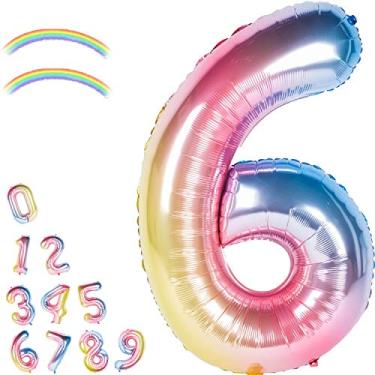Imagem de Balões gigantes de alumínio de 101 cm com números de cores gradientes balões de festa arco-íris, número 6