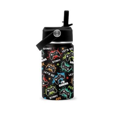 Imagem de ROVOZAR Garrafa de água de jogo de 340 g - garrafa de água de aço inoxidável com canudo - copo divertido isolado para jogadores - copo infantil para jogos para escola, esportes, viagens