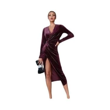 Imagem de Vestido De Noite De Veludo Dourado Com Manga Longa, Sexy, Com Fenda Na