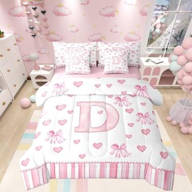 Imagem de Conjunto de edredom casal com laço rosa, 7 peças, personalizado, inicial D, estilo princesa, laço, coração, edredom com edredom, lençol de cima, lençol com elástico, fronhas e fronhas, reversível