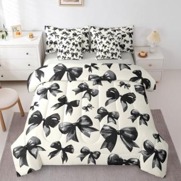 Imagem de Feelyou Conjunto de edredom fofo com laço preto, 7 peças, solteiro, com laço, para crianças, meninos, meninas, princesas, conjunto de cama kawaii, respirável, macio e leve de microfibra
