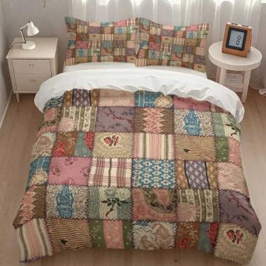 Imagem de Lnepty Conjunto de edredom de patchwork, boêmio, com costura de paisley, floral, retrô, casa de fazenda, rústico, flores silvestres, colorido, conjunto de edredom com fronha para decoração de cama de