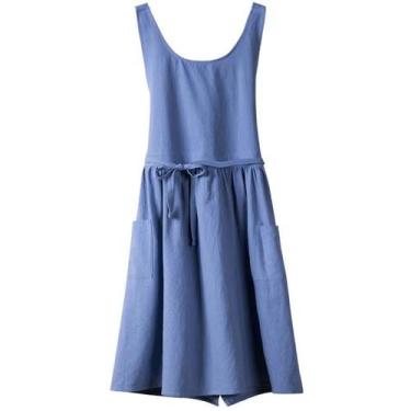 Imagem de Vestido de avental de linho de algodão estilo coreano com gola redonda