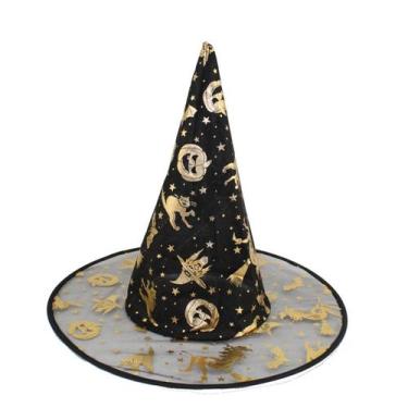 Imagem de Chapéu de bruxa em tecido preto com estampa dourada de Halloween 38x35