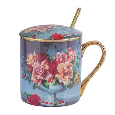 Imagem de Caneca de cerâmica com buquê de rosas com tampa e colher, capacidade d