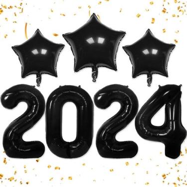 Imagem de Balões de formatura HiParty 2024 pretos 32cm com estrelas x12 +8