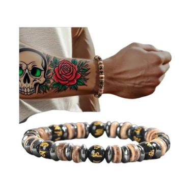 Imagem de Pulseira Masculina De Contas De Madeira Lava Com Hematita, Joia De Ped