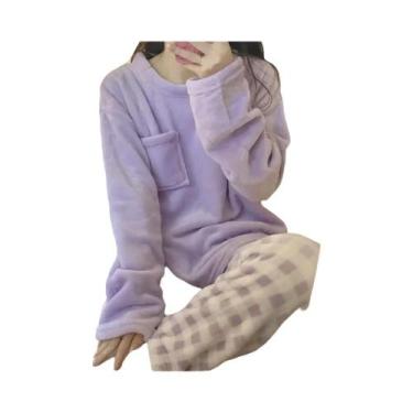 Imagem de Conjunto De Pijamas De Fleece Feminino, Roupa De Dormir Quente E Gross