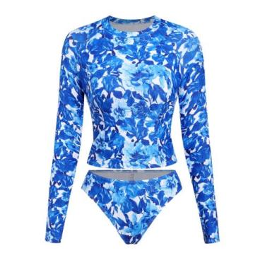 Imagem de Maiô ZAFUL XL Azul Floral Manga Longa com Proteção Solar
