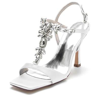 Imagem de Sapatos de noiva de bico quadrado feminino com tira no tornozelo bomba de cetim bloco médio vestido de noiva sandálias com strass 36-43,White,9 UK/42 EU