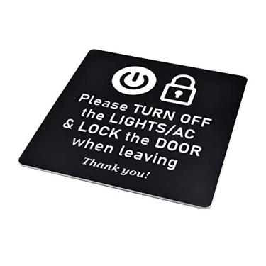 Imagem de OriginDesigned Desligue as luzes e o ar condicionado e trave a porta ao sair, obrigado - Sinal adesivo, aviso informativo - Acrílico preto gravado a laser com texto branco transparente.