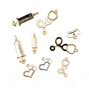 Imagem de Ruwado 9 peças amuletos de enfermeira médica banhado a ouro esmaltado bonito boné branco de enfermeira coração estetoscópio charme para fazer joias, encontrar colar faça você mesmo, pulseira