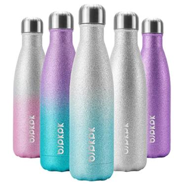 Imagem de BJPKPK Garrafas de água isoladas de 500 ml de aço inoxidável para esportes mantêm frias por 24 horas e quentes por 12 horas, sem BPA, glitter prateado azul
