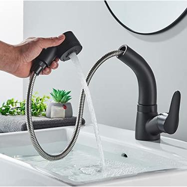 Imagem de Preto Branco Lavatório Torneira Banheiro Extraível Elevador Brass Mixer Torneira Hot & Torneira de banheiro giratória de água fria, preta, tamanho único