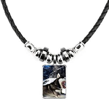 Imagem de DIYthinker Colar com imagem Husky de neve de cachorro de boca grande, joia com pingente de corda de couro