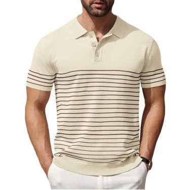 Imagem de COOFANDY Camisa polo masculina de malha de manga curta, listrada, moderna, casual, para golfe, Bege (listras caramelo), G