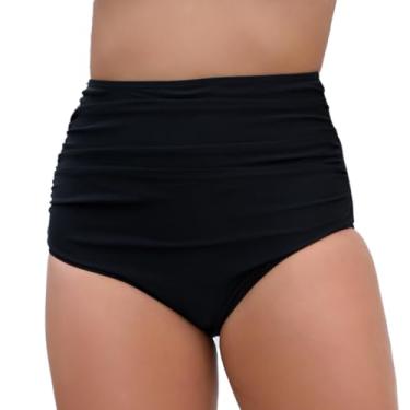 Imagem de JOYBIK Calcinha de biquíni franzida cintura alta feminina com controle de barriga e secagem rápida, Preto 3, XXG