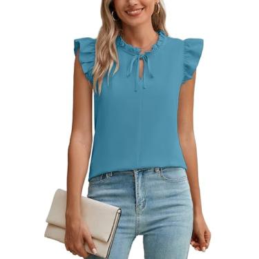 Imagem de Heymoments Blusas femininas casuais de verão com babados e gola V, blusas básicas com cordão (P-2GG), A04-azul-petróleo, P