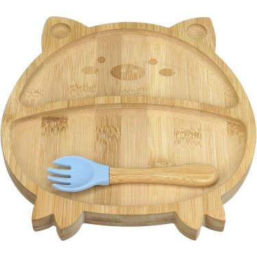 Imagem de Prato Infantil Bebê Criança Com Garfo E Ventosa Home&co Porquinho Bambu 3x22x21cm Natural