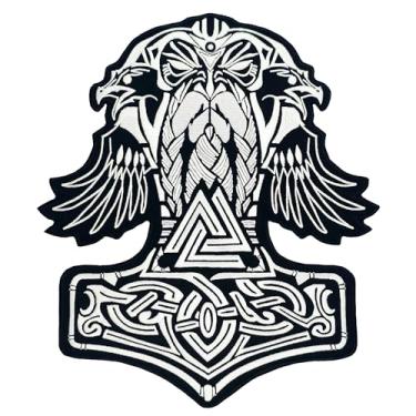 Imagem de Thor Hammer Mjolnir com símbolo Viking Odin Valknut & Ravens grande bordado nas costas de motociclista para jaqueta e colete de motocicleta