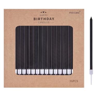 Imagem de PHD CAKE Velas de aniversário metálicas longas e finas pretas de 36 unidades, velas de bolo, festas de aniversário, decorações de casamento, velas de festa, decorações de bolo