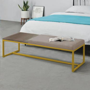 Imagem de Calçadeira Recamier Londres 140cm Industrial Dourado Corino Bege Tampo Quadrado mdf Nogal - Ahz Móveis
