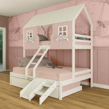 Imagem de Treliche Casal/ Solteiro Casinha Encantada Com Kit Escada/ Escorregador Madeira Maciça Rosa/ Branco Megamobilia