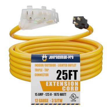 Imagem de Journeyman-Pro Cabo De Extensão Externo Iluminado Com 3 Tomadas Elétricas Estilo Ventilador, Da Sjtw 12/3, Amarelo Resistente Pino Aterrado, Plugue 15 Amperes, 2, 10, 25, 50 Pés (Amarelo - 25 Pés)