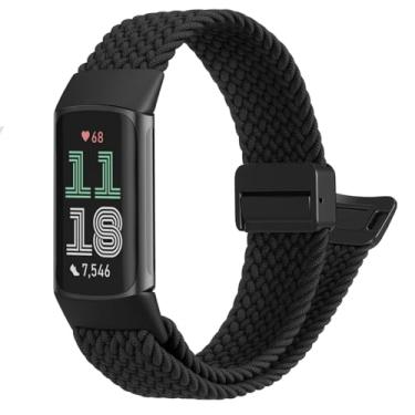 Imagem de FINTIE Pulseira elástica trançada magnética compatível com Fitbit Charge 6/5, pulseira de substituição elástica esportiva de nylon macio, Medium, Nylon, Sem Pedra Preciosa
