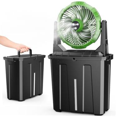 Imagem de Ausic Ventoinha portátil de nebulização - Balde de 9L, ventiladores externos de 25,4 cm para pátios/acampamento, ventilador de resfriamento de piso alimentado por bateria recarregável USB de 20000 mAh