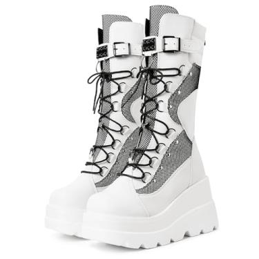 Imagem de mikarka Botas femininas de combate com plataforma holográfica, cano médio, com cadarço, salto cunha cravejado, gótica, cano alto, Branco poeirento, 39