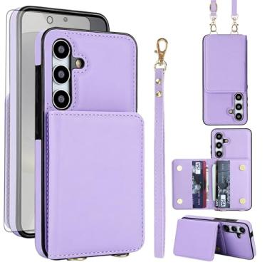 Imagem de Asuwish Capa de celular para Samsung Galaxy S24 5G carteira de celular com protetor de tela de vidro temperado alça transversal de pulso com bloqueio de RFID, compartimento para cartão de crédito S 24