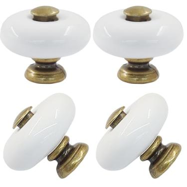 Imagem de Seimneire Puxadores de cerâmica branca, puxador redondo de cerâmica de 32 mm para gaveta de armário e cômoda - 4 peças de base de bronze antigo