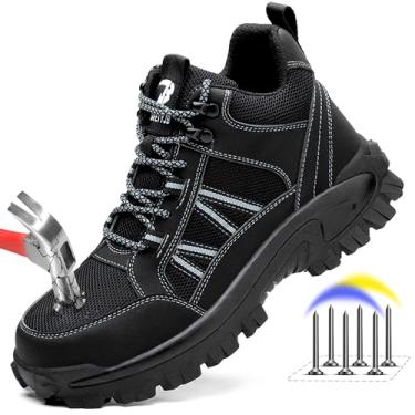 Imagem de Botas de trabalho com bico de aço para homens: Sapatos de segurança masculinos antiderrapantes Construção indestrutível - Calçado de trabalho respirável confortável, Preto, 38