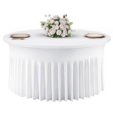 Imagem de Smiry Toalha de mesa redonda de elastano, saia de mesa elástica de 152 cm, resistente a amassados, toalha de mesa lavável de 1,8 m para casamento, festa, banquete, aniversário, formatura, branca
