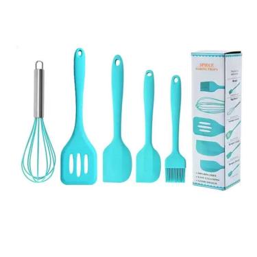 Imagem de Kit Espátulas Silicone Pincel Fuê 5 Peças Cozinha Azul