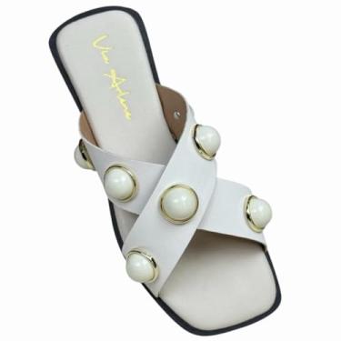 Imagem de Sandália Rasteira Feminina Tiras em X com Esfera Rasteirinha Verão Enfeite de Bola Blogueira Flat (Branco, BR, Adulto, Numérico, 36)