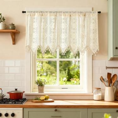 Imagem de Leeva Cortinas de saia boho, flores bege crochê rendas transparentes para janelas para cozinha, quarto, 152 x 61 cm, 1 painel, bolso para varão