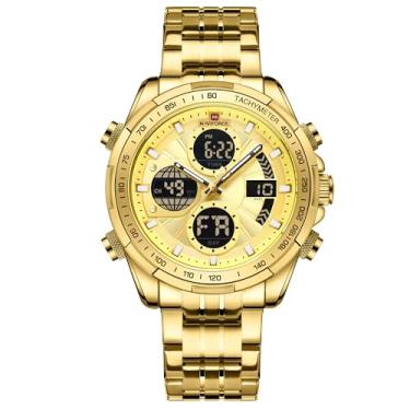Imagem de Relógio Masculino - Relógio Esportivo com Display Dual (Analógico + Digital) | Pulseira de Aço Inoxidável Dourado | Resistente à Água 3ATM | Luminescente | Multifuncional (Cronógrafo, Alarme, Calendário)