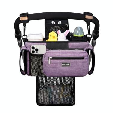 Imagem de TOPDesign Organizador universal de carrinho de bebê, suporte de carrinho de bebê com bolsa de malha removível, porta-copos com isolamento elevado e acessórios de ganchos seguros antiderrapantes, serve