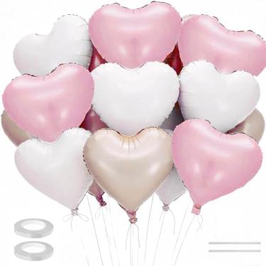 Imagem de 15 balões de coração, balão BetterJonny em forma de coração de 45,7 cm com canudo e fita de alumínio para decorações de casamento, aniversário, noivado (rosa)