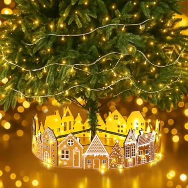 Imagem de Soulchen Coleira de árvore de Natal de LED para casa de gengibre, 66 cm, saia de madeira vintage, decoração de Natal, capa rústica de casa de fazenda, cercas de suporte para decoração de árvores