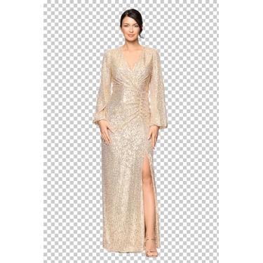 Imagem de Betsy & Adam Vestido feminino de lantejoulas com gola V e manga comprida franzido drapeado até o chão, Dourado, 44