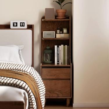 Imagem de YESWOOD Mesa de cabeceira alta, mesa de cabeceira de carvalho maciço com 2 gavetas e estante, mesa de cabeceira de nogueira, mesa de cabeceira moderna de meados do século com prateleira de canto de 3