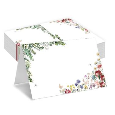 Imagem de Cartões de lugar florais, cartões de assento verde para mesa, pacote com 25 cartões semidobrados, suprimentos de lembrancinhas de festa de aniversário, cartões de nome para chá de bebê, jantar de