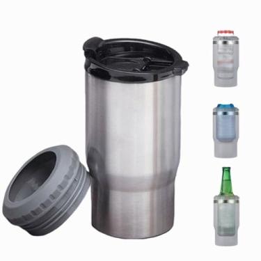 Imagem de FAMKX 14oz 4 em 1 isolador de garrafa de cerveja de aço inoxidável pode arrefecer com 2 tampas para 12oz can&bottle, Thermocooler isolado de parede dupla(aço inoxidável)