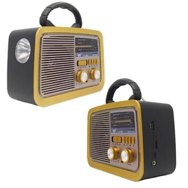 Imagem de Rádio Retrô Portátil com Bluetooth, 5W, Alto-falante 3 Polegadas, AM/FM/SW, Lanterna LED, Bateria Recarregável 1200mAh, Entrada USB/SD, 21x16x10cm (Preto)