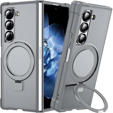 Imagem de Hensinple Capa para Samsung Galaxy Z Fold 6 com suporte de anel, [compatível com MagSafe] [Slim Fit], capa de telefone magnética translúcida traseira à prova de choque para Z Fold 6, cinza